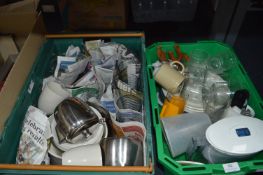 Two Trays of Kitchenware, Glasses, Pottery, etc.
