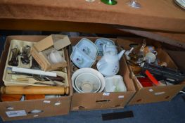 Three Boxes of Kitchenware, Pottery Items, Cutlery