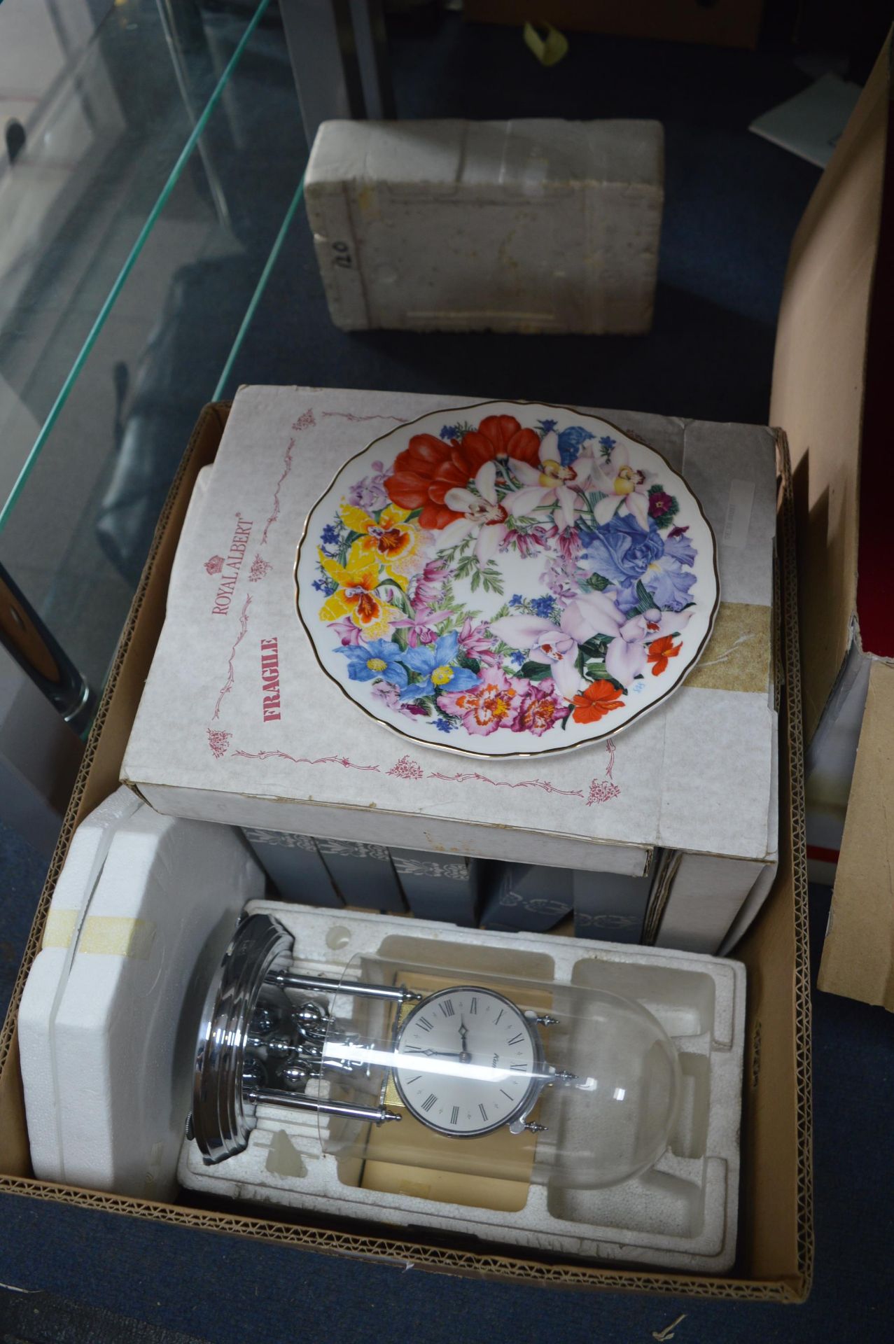 Box of Wall Plates and a Domed Skeleton Clock