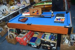 Blue Pool Table with Cues, Balls and Trophies, etc