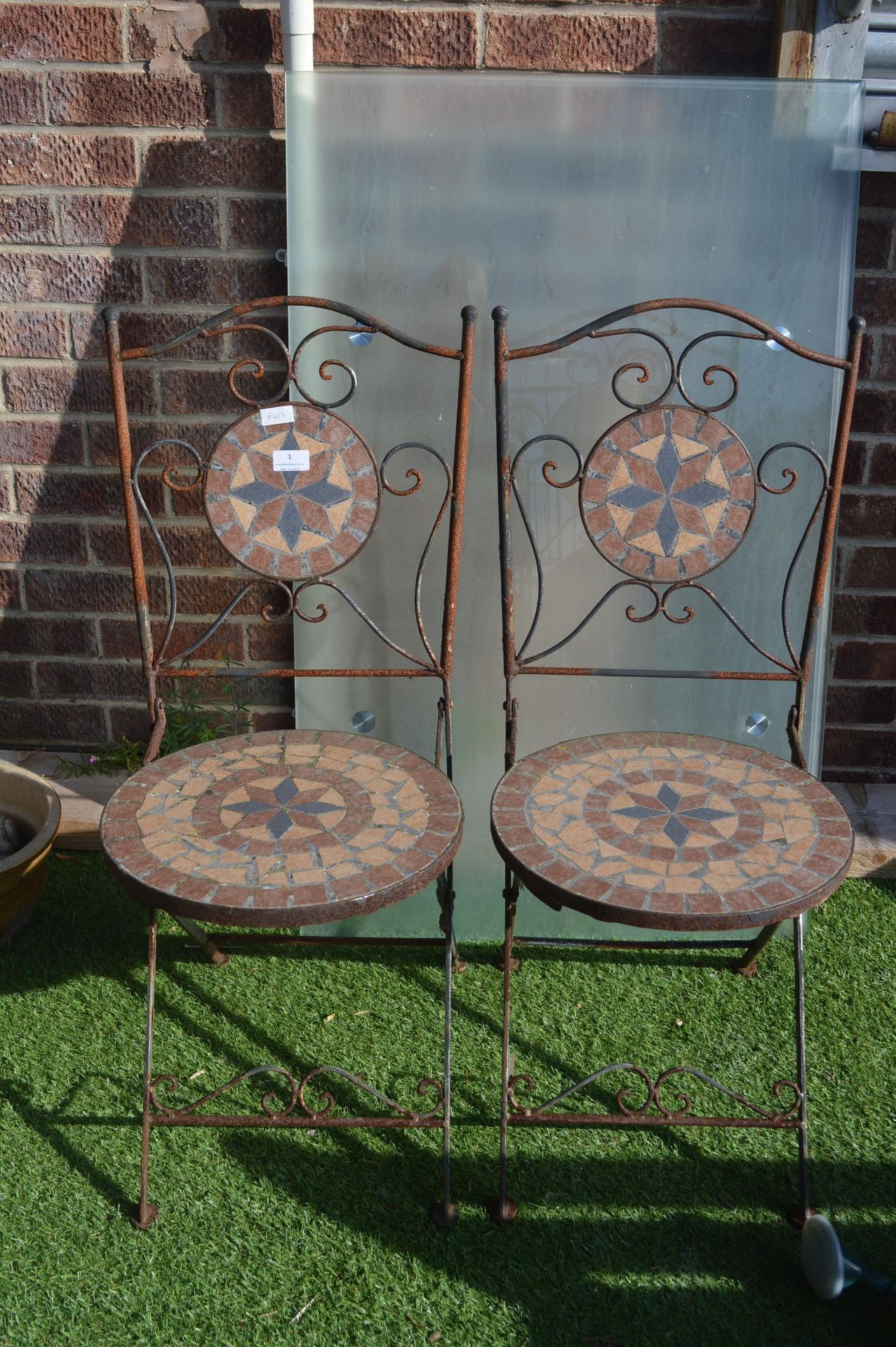 Two Folding Metal Framed Mosaic Tiled Garden Chair