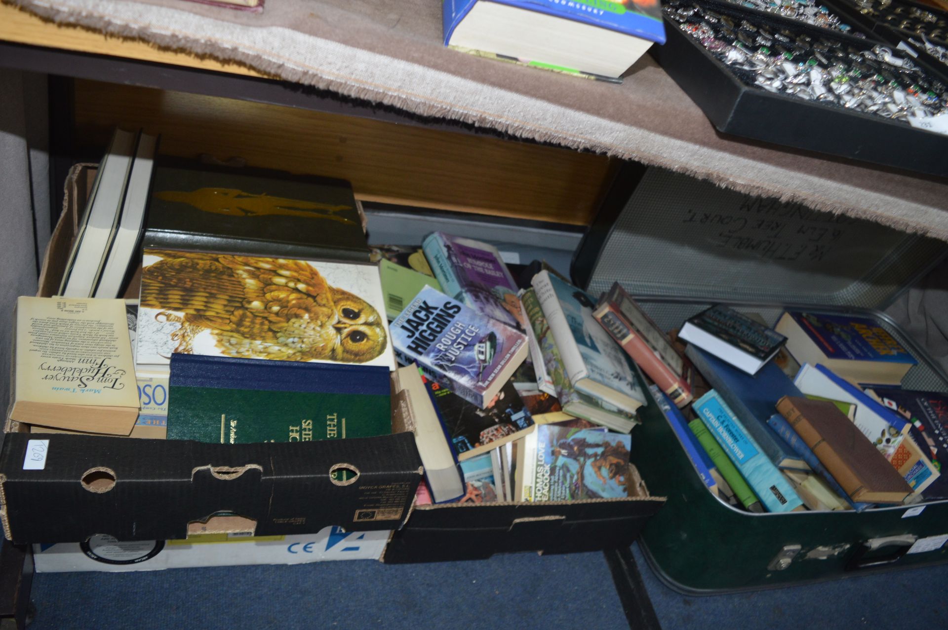 Suitcase and Three Boxes of Assorted Books