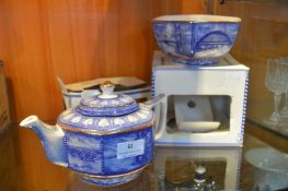 Ringtons Blue & White Gilt Teapot and Bowl with Br