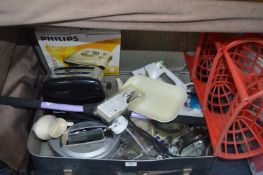 Case of Household Items Including Toaster, Scales,