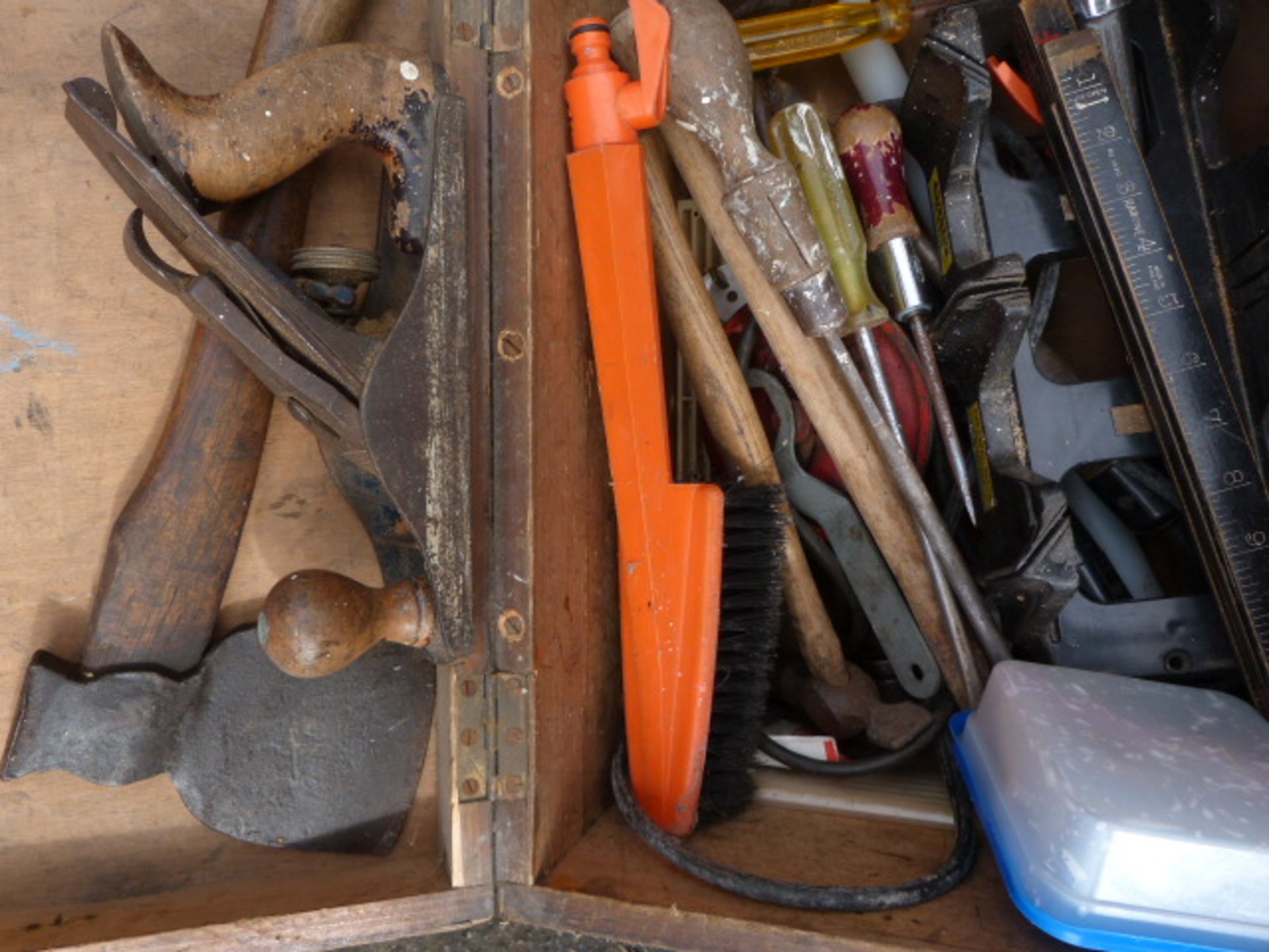 Box of Assorted Tools Including Record Plane, Ratc