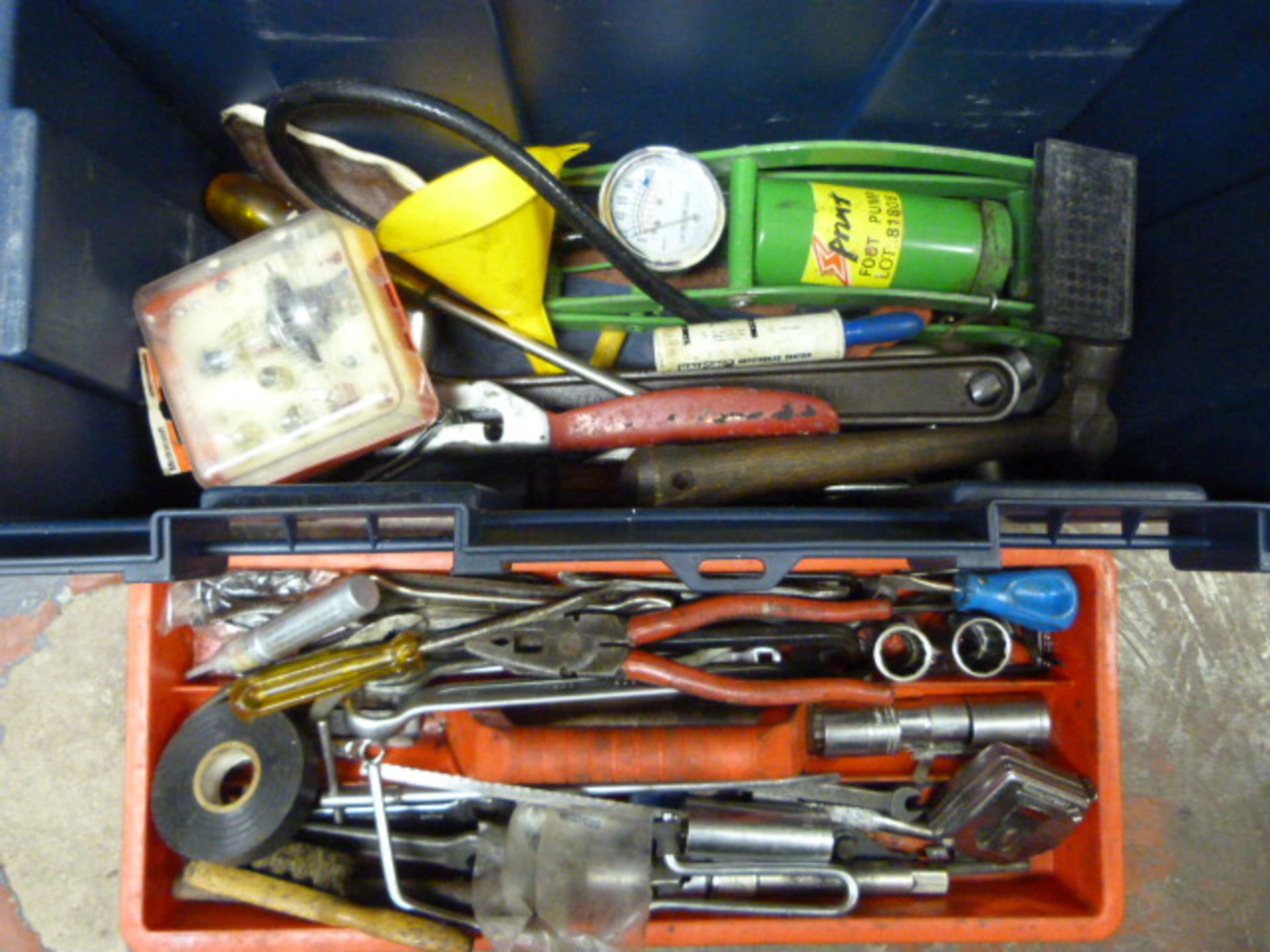 Toolbox and Contents Including Spanners, Foot Pump