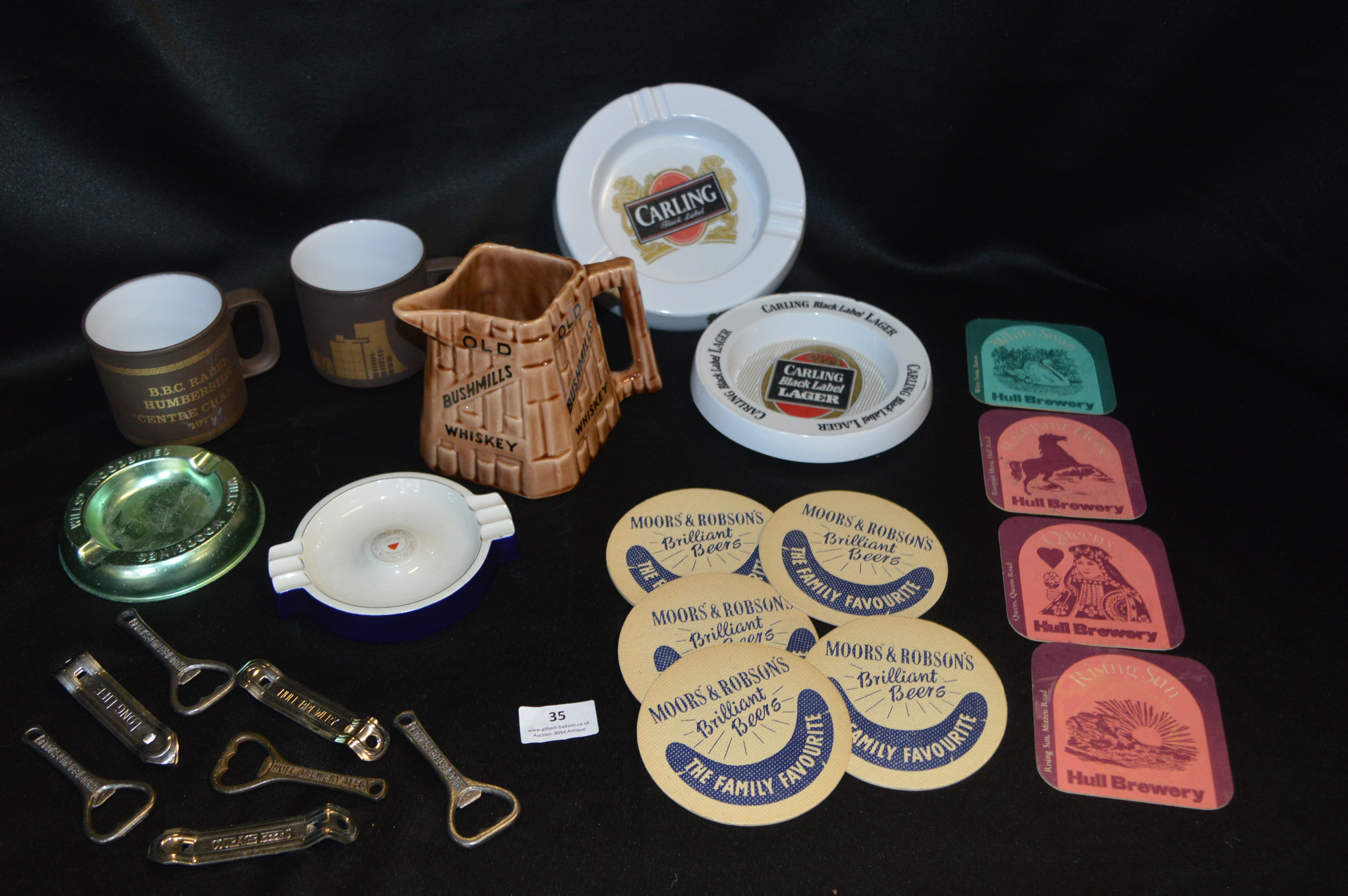 Brewery Collectables including Old Bushmills Whisky Jug, Hull Brewery and Moors & Robson Beer Mats e