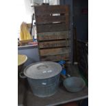 Galvanised Wash Tub, Feeding Scoop, Three Old Milk Bottles & Three wooden Crates