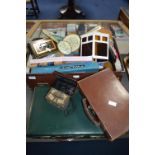Two Vintage Small Suitcases and Collectible Items, Lamps, Money Boxes etc