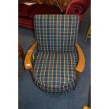 Low Seated Armchair - Reupholstered in Green & Blu