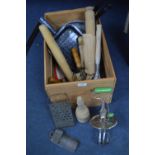 Wooden Crate of Kitchenalia and Enameled Ware, Kit