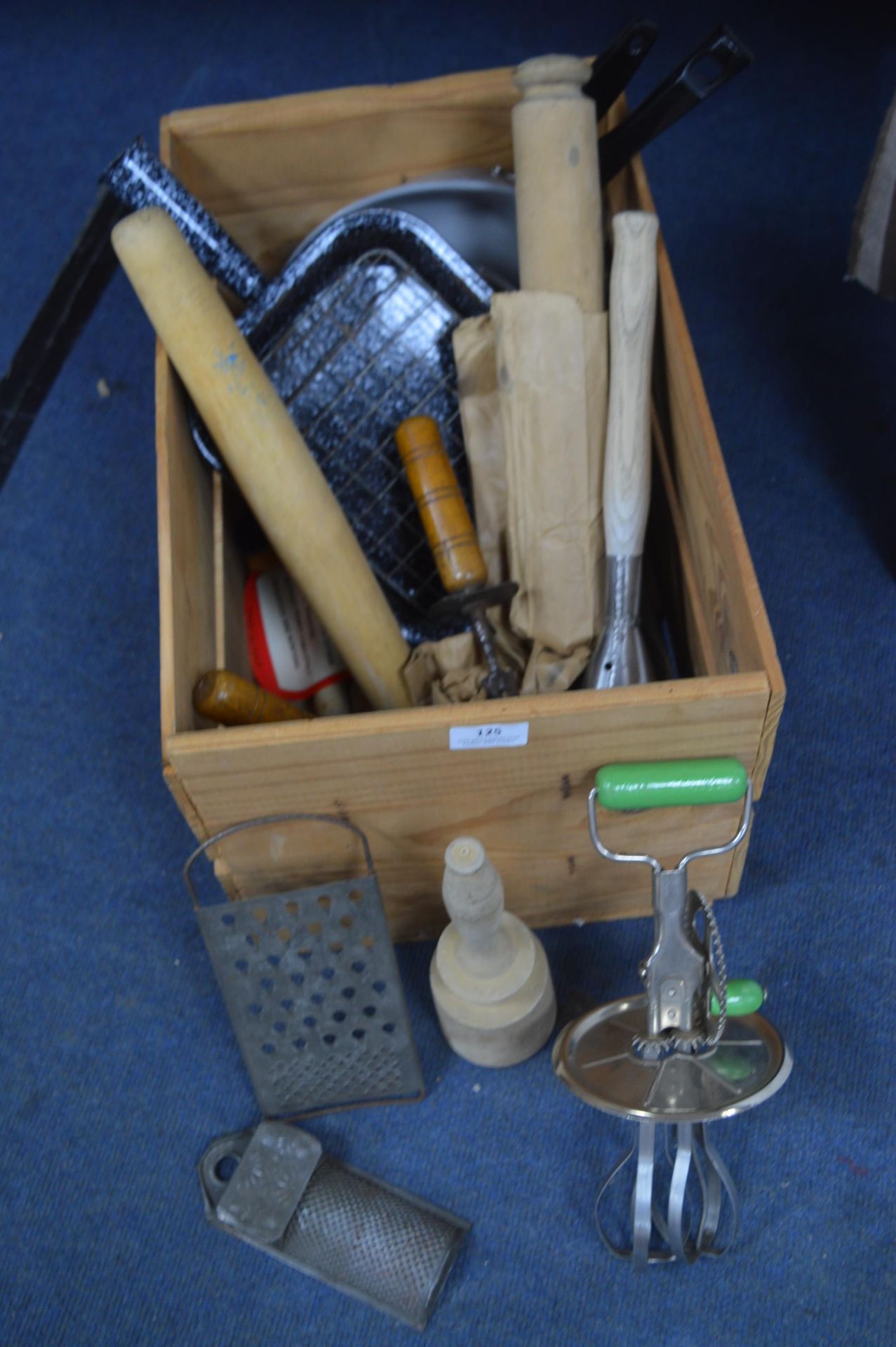 Wooden Crate of Kitchenalia and Enameled Ware, Kit