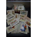 Tin of Vintage Postcards & Collection of Silk Post