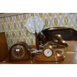 Two 1930s Mantel Clocks & Wooden Table Lamp