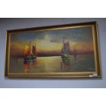 Gilt Framed Oil on Canvas Multi Coloured Ships