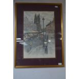 Framed Pencil & Watercolour Sketch of a Market Tow