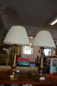 Pair of Brass Table Lamps with Cream Shades