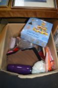 Box of Household Items; Cupcake Stand, Pyrex, Ther