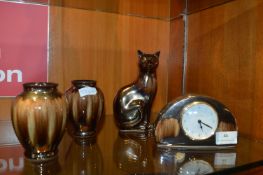 Poole POttery Mantel Clock, Vases and a Cat