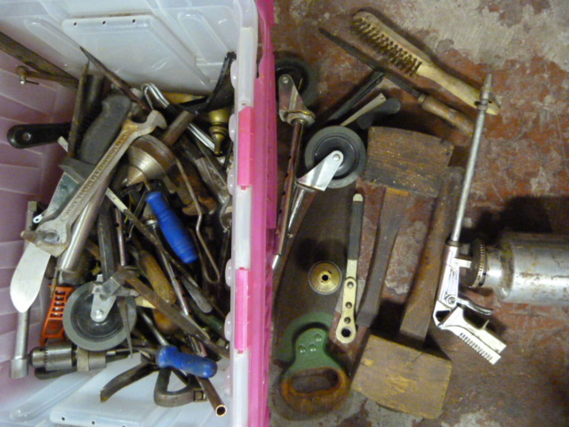 Box of Tools Including Mallets, Lathe Centre, Pneu