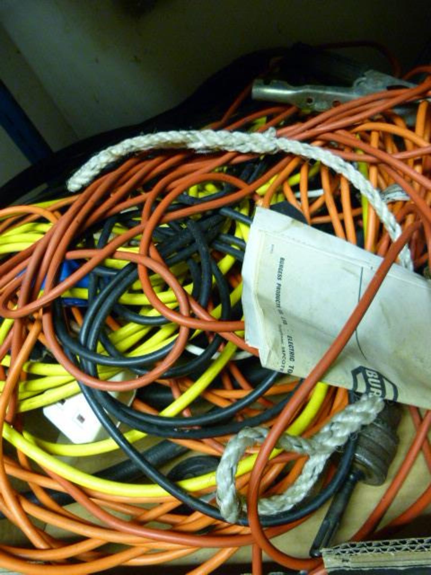Box of Extension Leads, Jump Leads and Air Hose