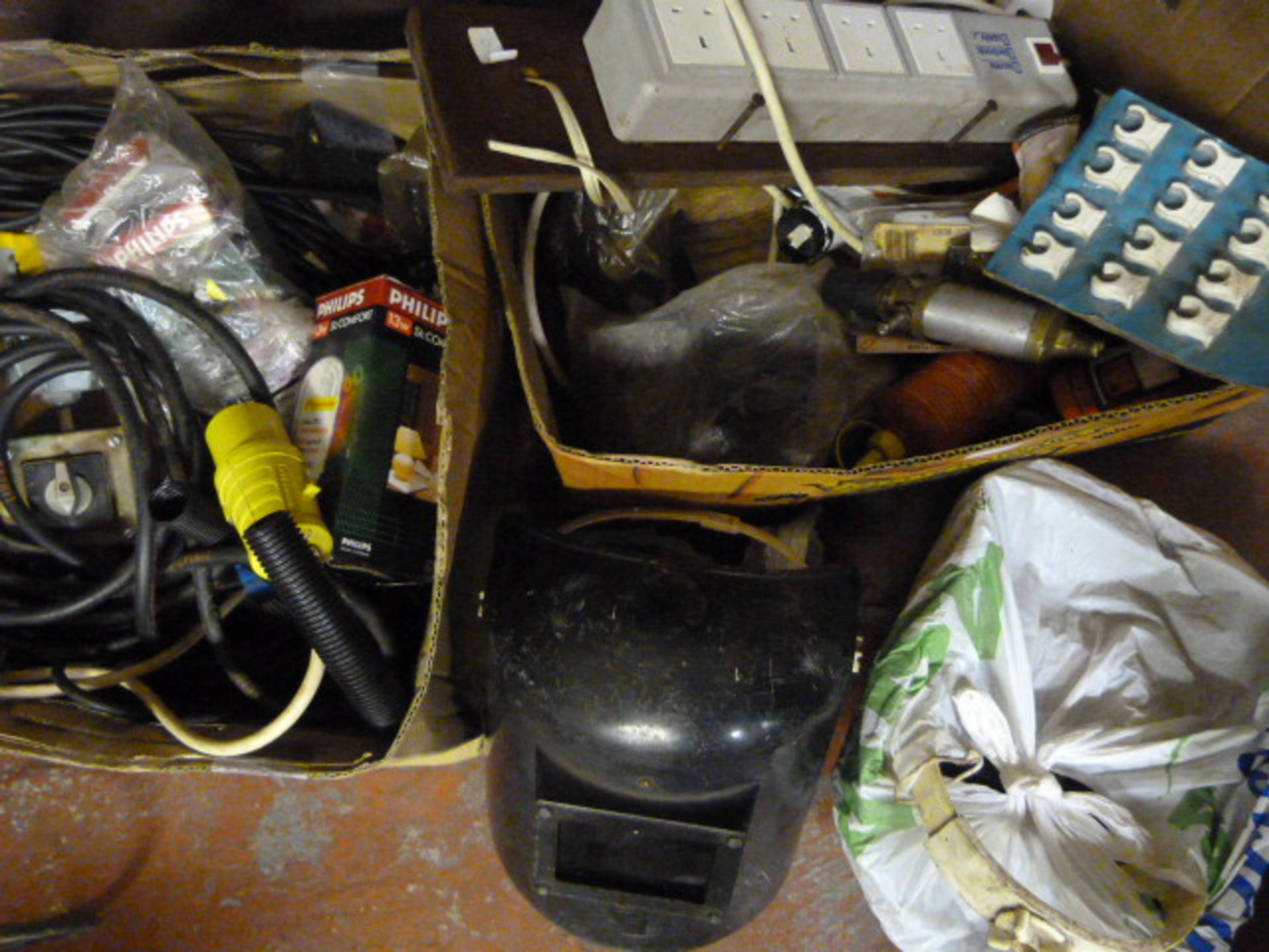 Two Boxes Containing Welding Masks, Bulbs, Cable,