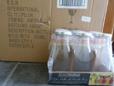 *Six Packs of 6 Glassworks Glass Bottles with Reusable Lids and Straws 250ml