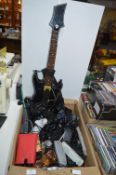 Box of Games, Controllers, Remotes, and a Guitar H