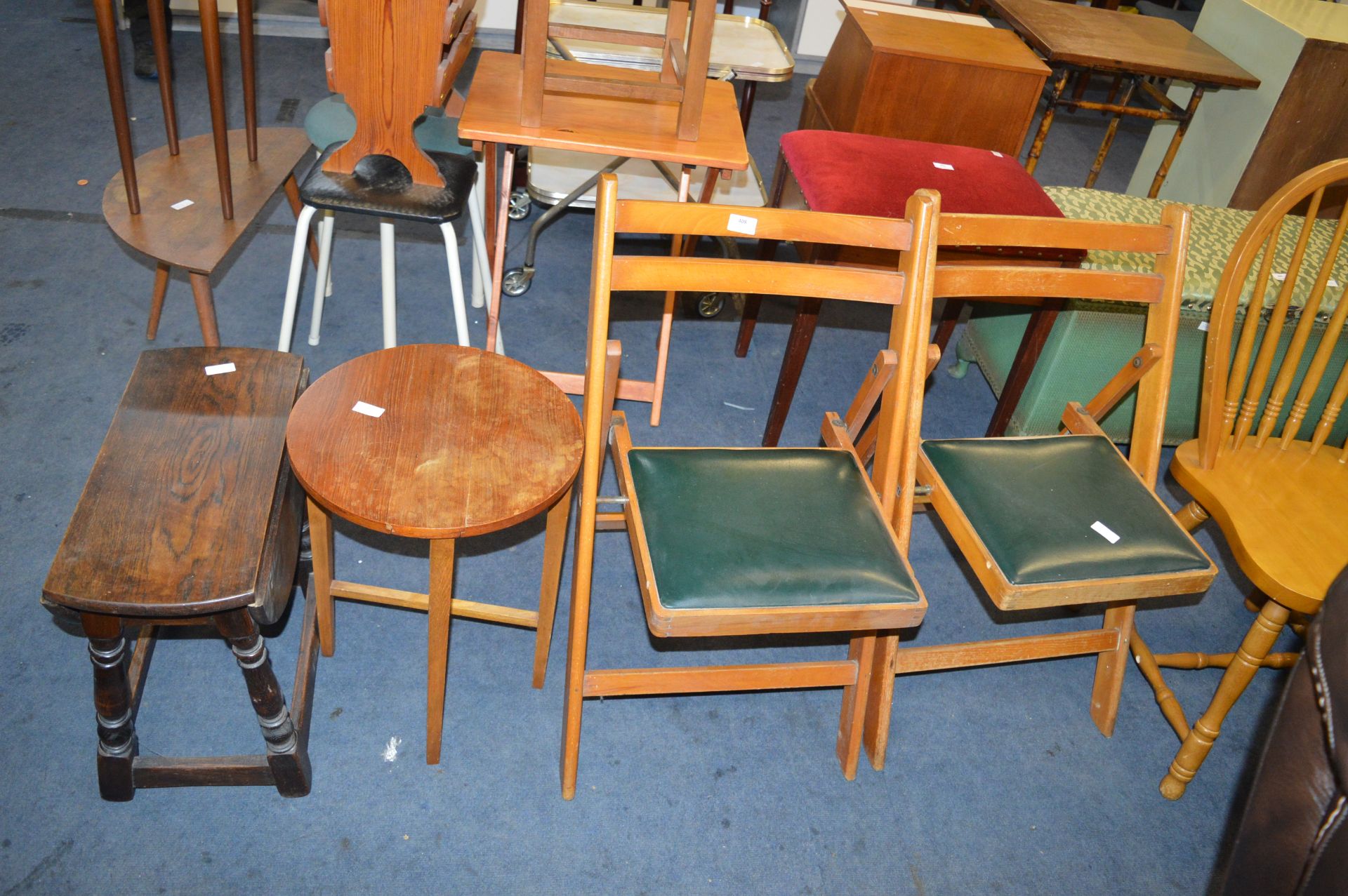 Two Folding Green Vinyl Seated Chair and Side Tabl