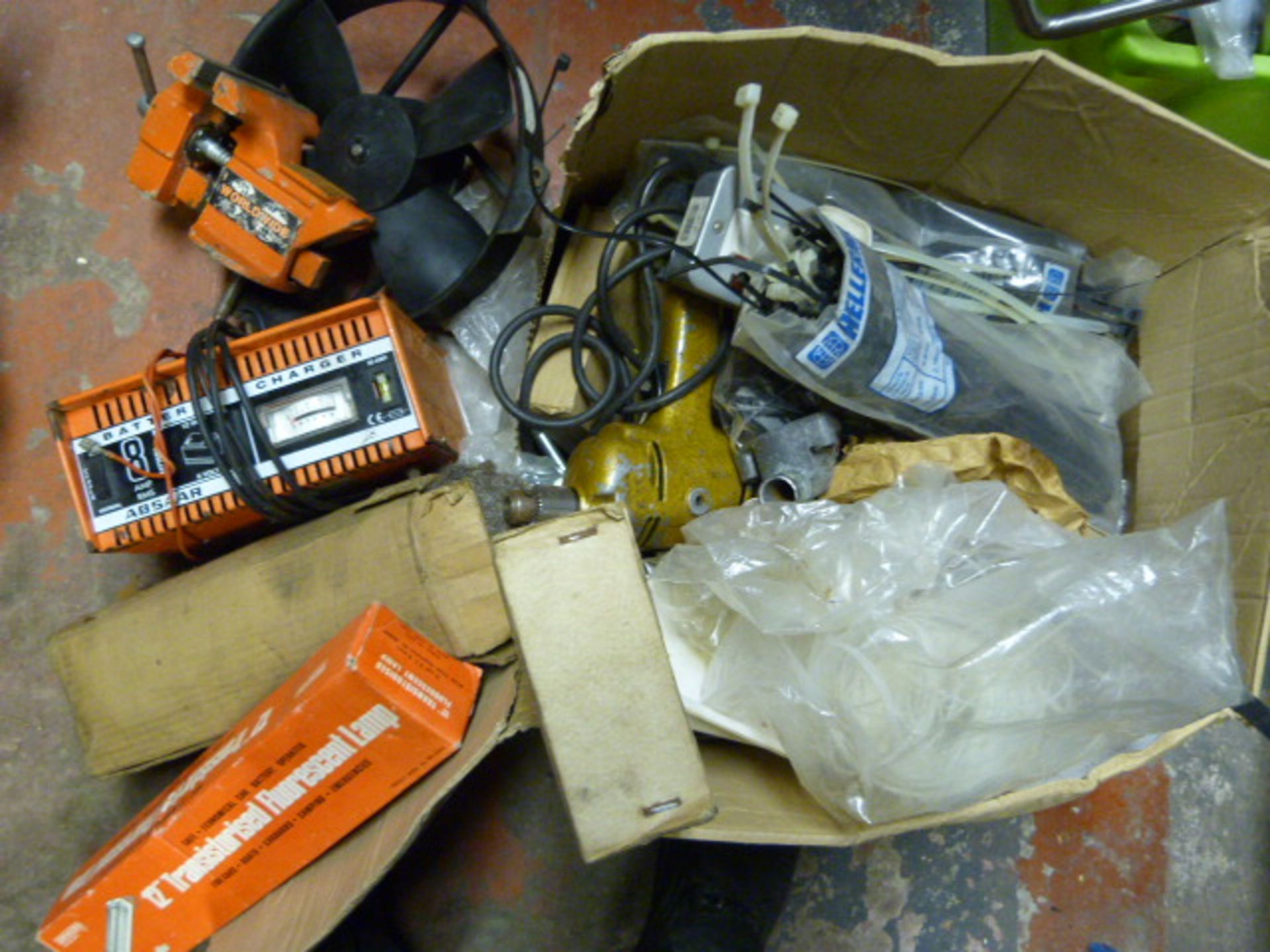 Box Containing Drill, Battery Charger, Vice, Wire