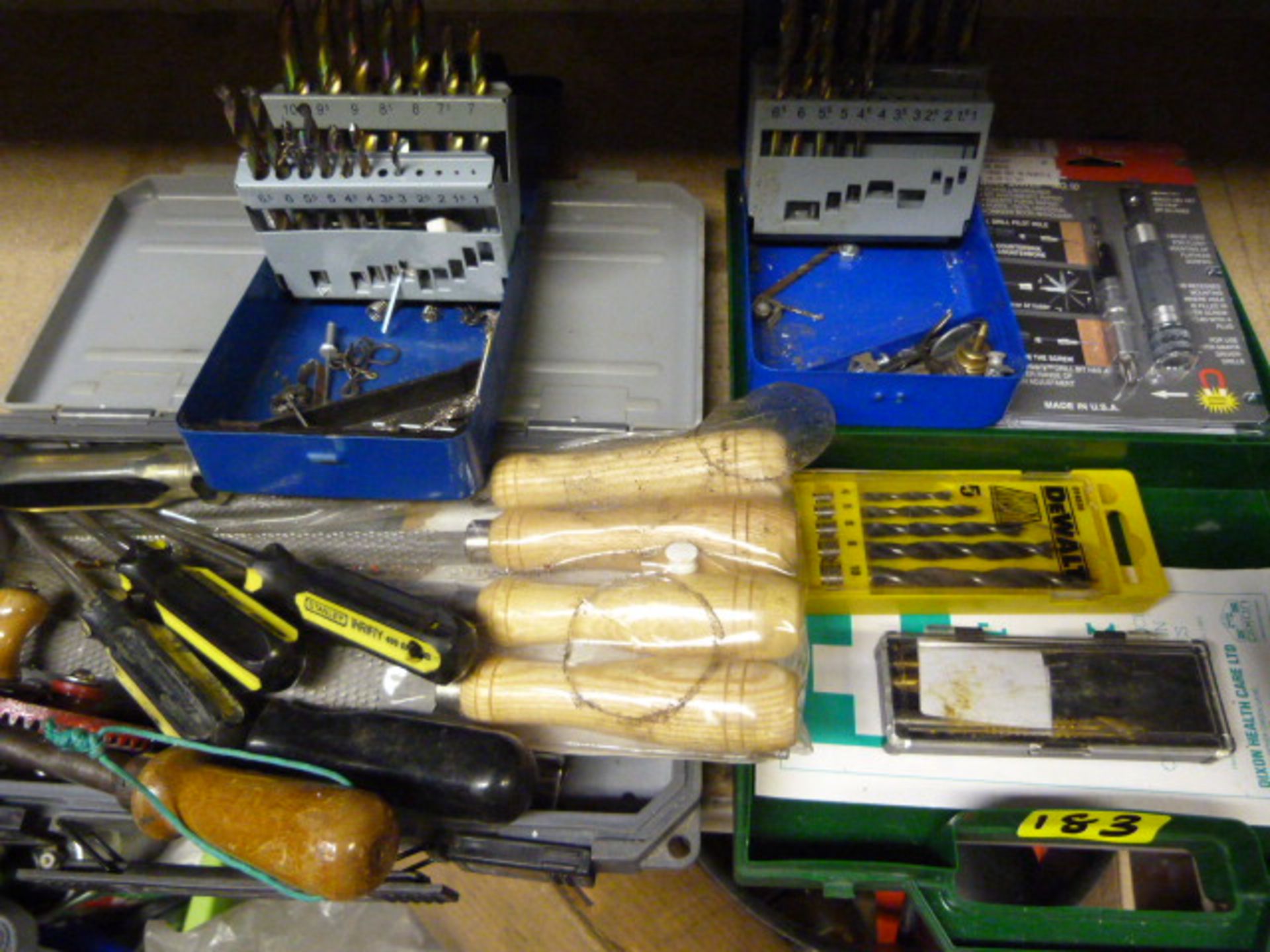 Two Boxes of Drill Bits, Files, Quad Driver, etc.