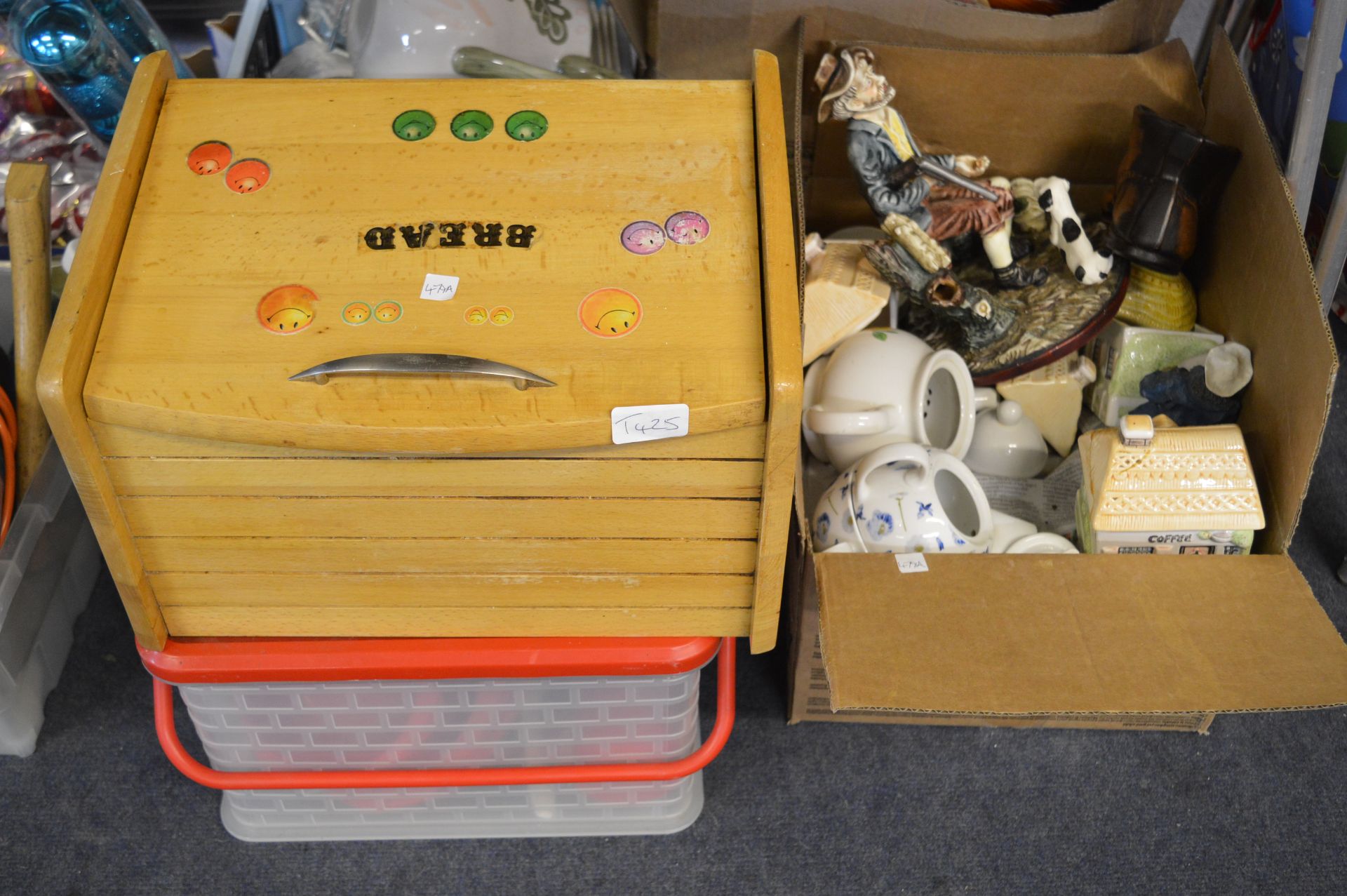 Box of Pottery, Picnic Set & Bread Bin