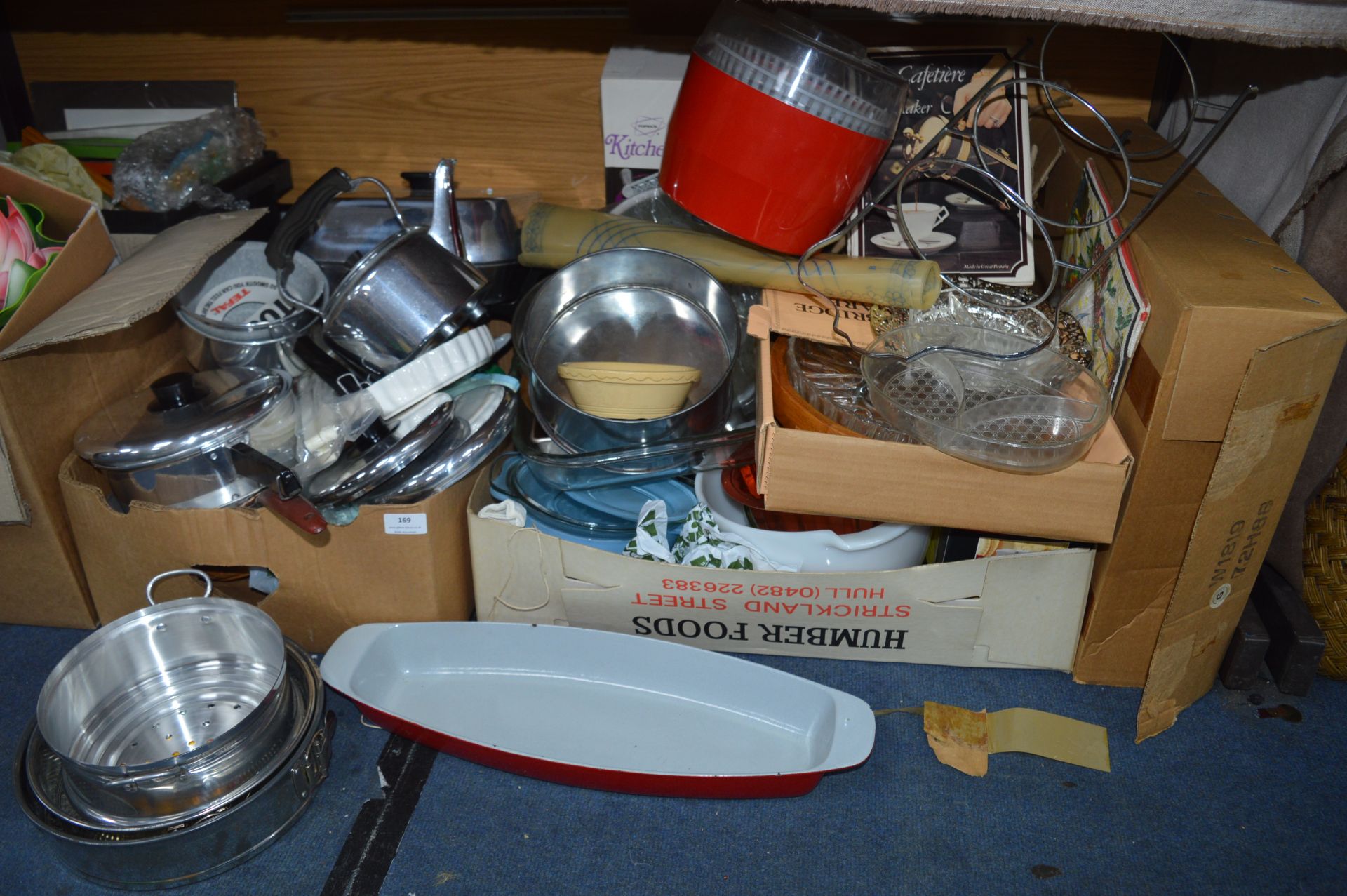 Two Large Boxes of Kitchenware; Pans, Oven Dishes,