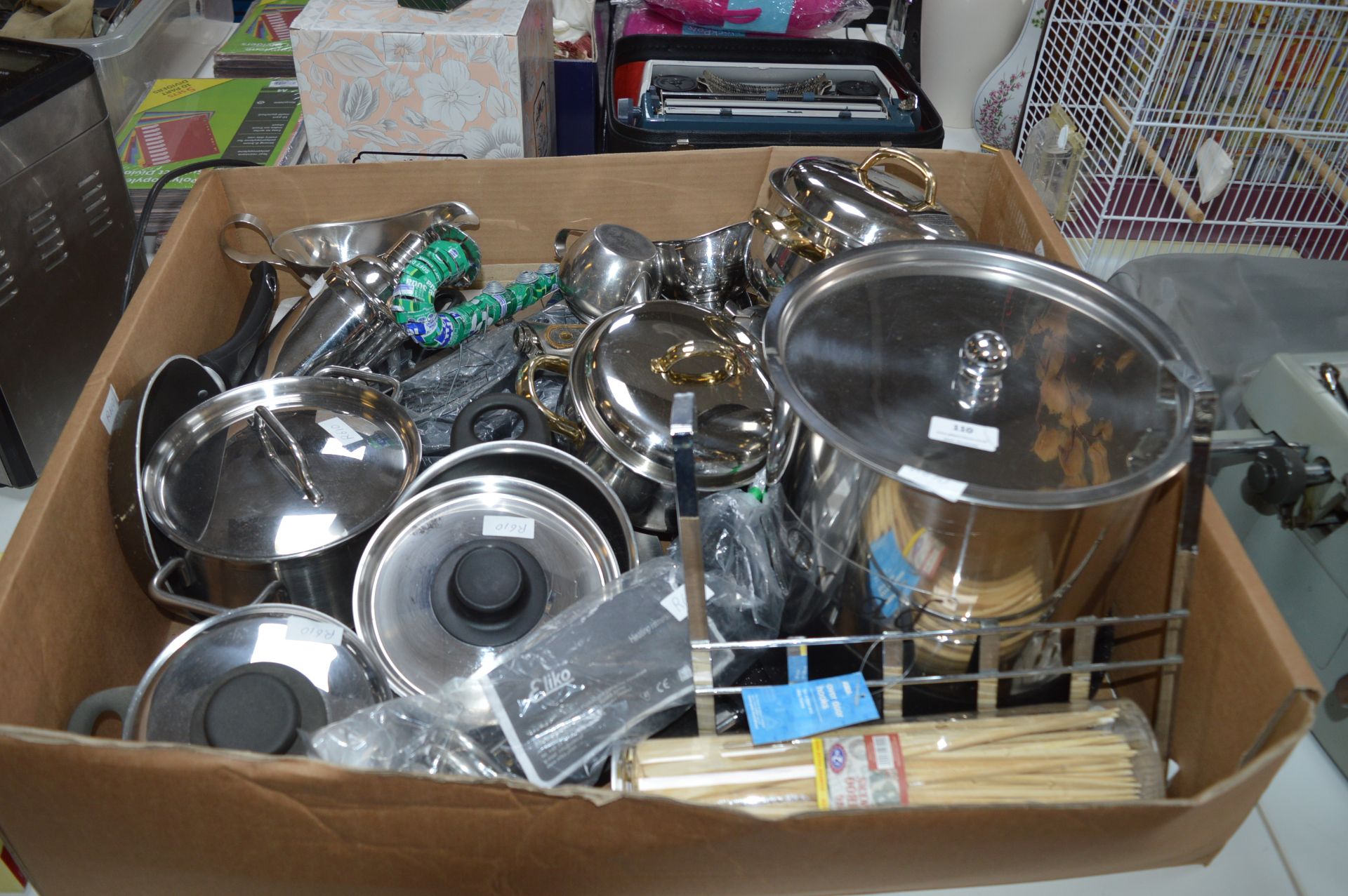 Large Box of Stainless Steel Cookware, etc.