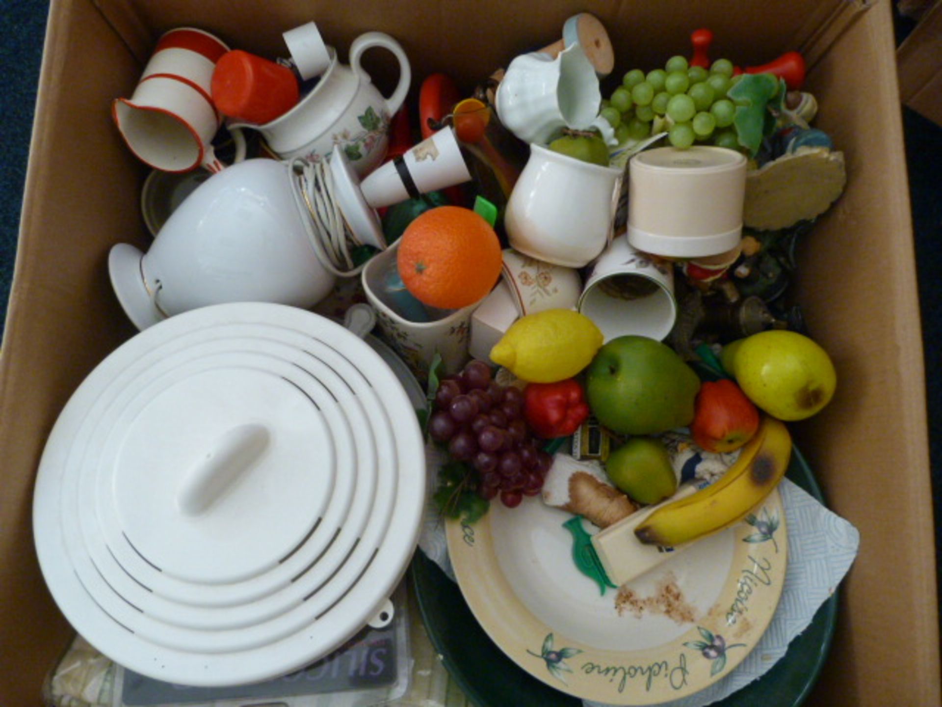 Large Box of China, Ornaments, Plastic Fruit, etc.