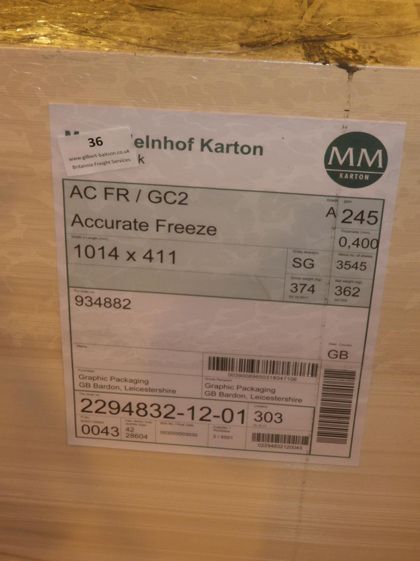 *Pallet Containing 374kg of 1014x411mm White Card