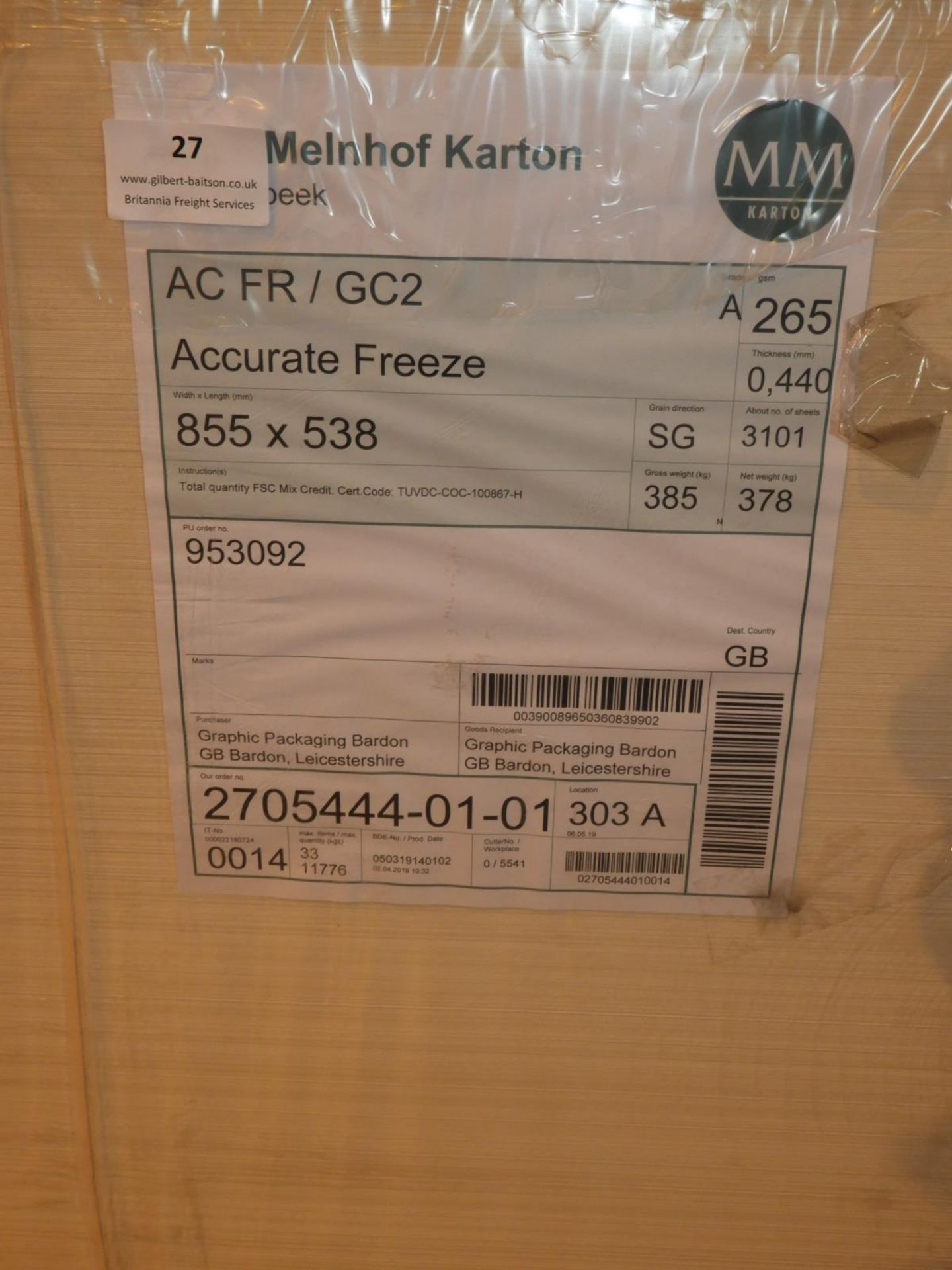 *Pallet Containing 385kg of 855x538 White Card