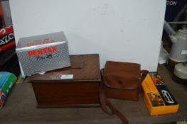 Vintage Cameras, Wooden Box, Including Pentax, etc