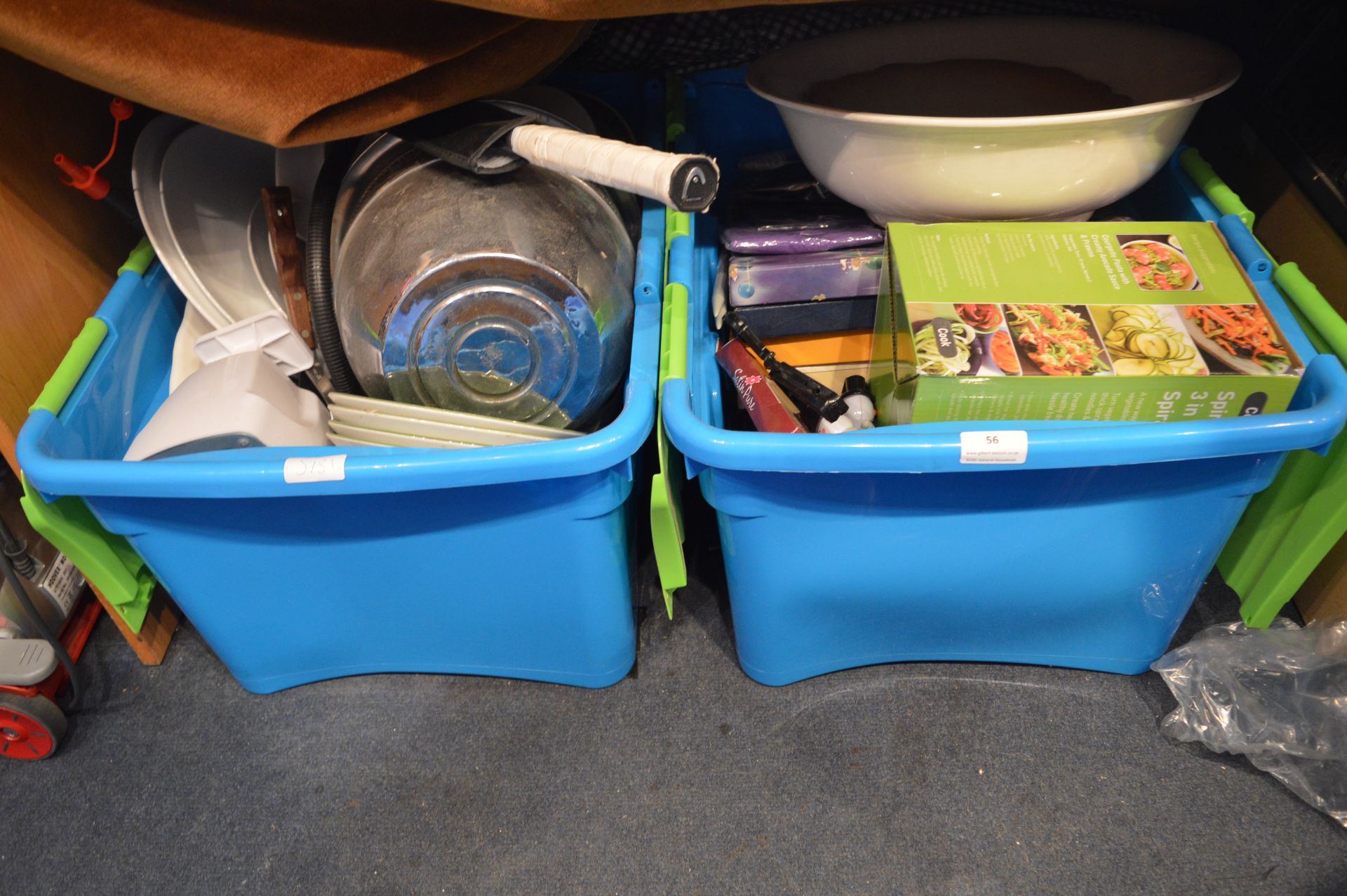 Two Blue Plastic Tubs Containing Household Goods,