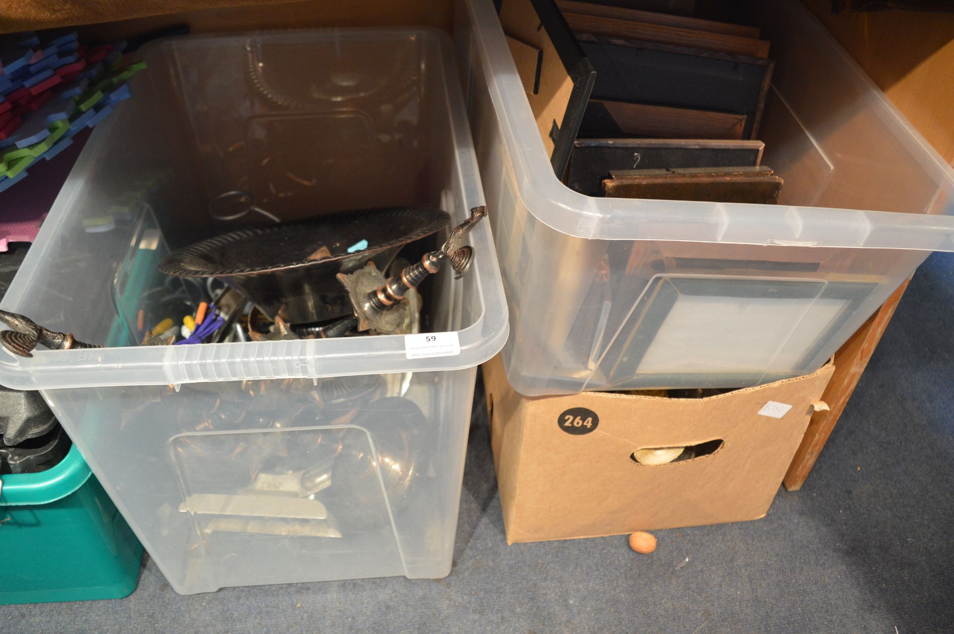 Two Tubs and a Box of Metal Ware, Candlesticks, Pi