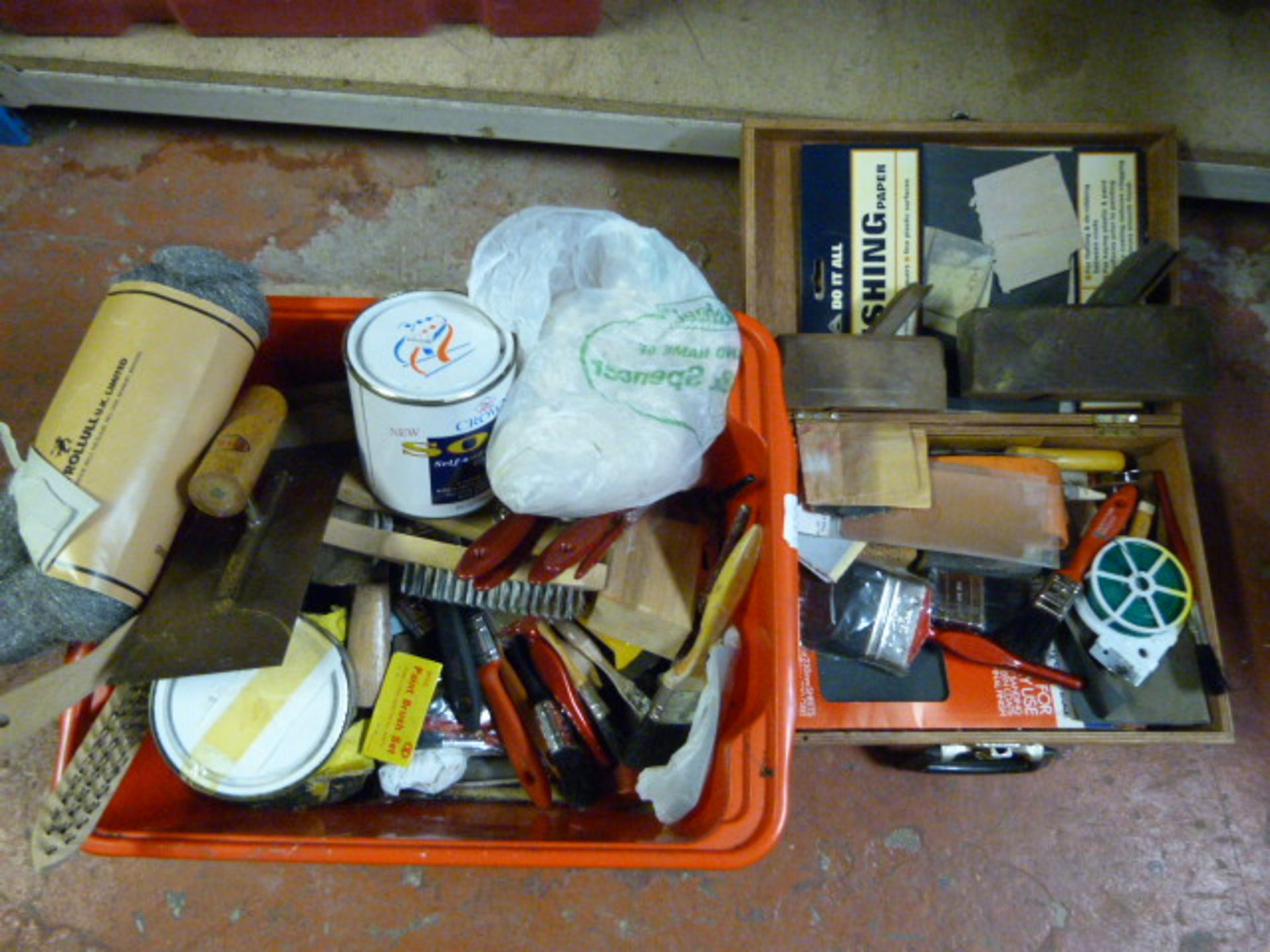 Two Boxes of Paint Brushes, Paint and Miscellaneou