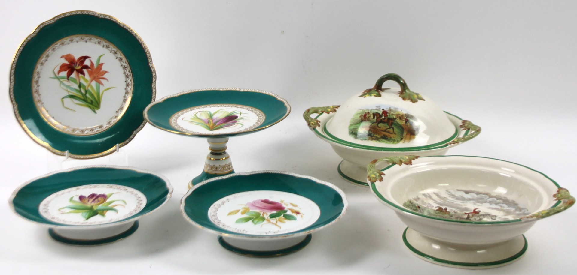 A 19thC continental porcelain part dessert service, comprising footed comport, 13cm H, two shallow