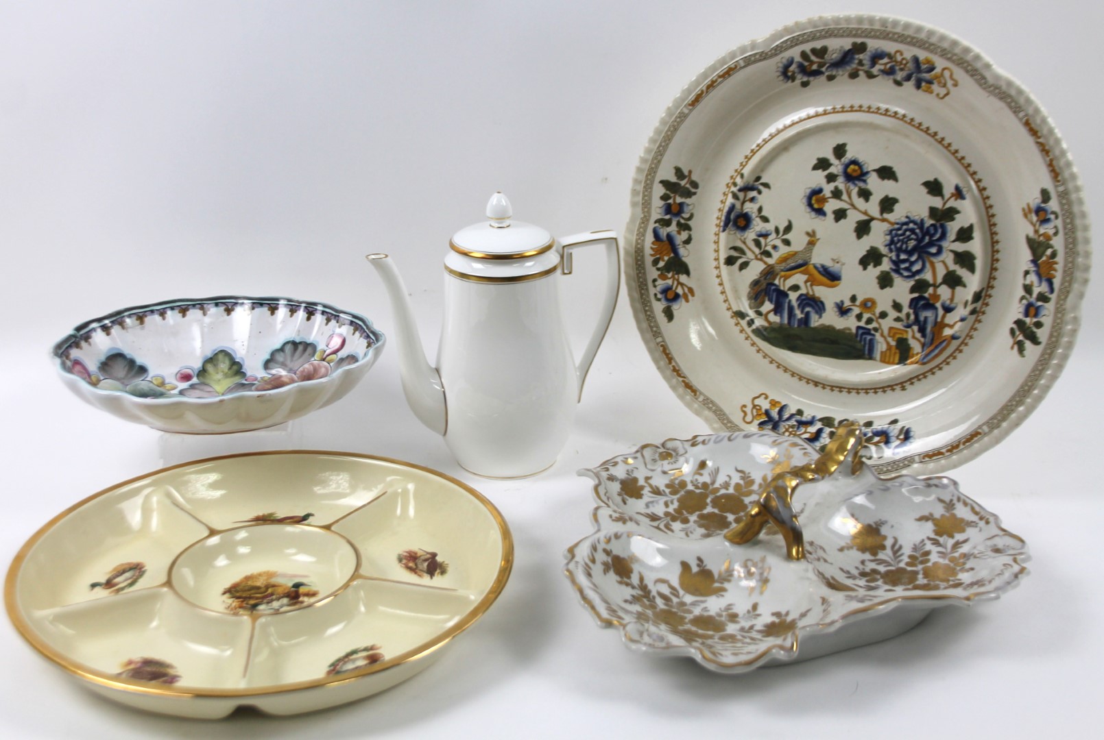 Various items of pottery, to include a transfer printed duck and pheasant hors d'oeuvre dish, 34cm