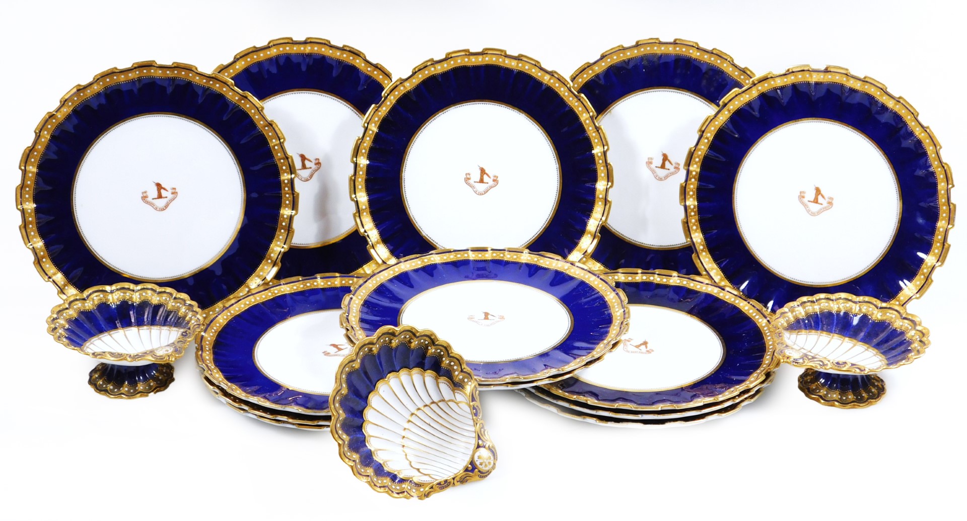 A 19thC Copeland china porcelain dessert service, set with armorial crest Honesty Is The Best