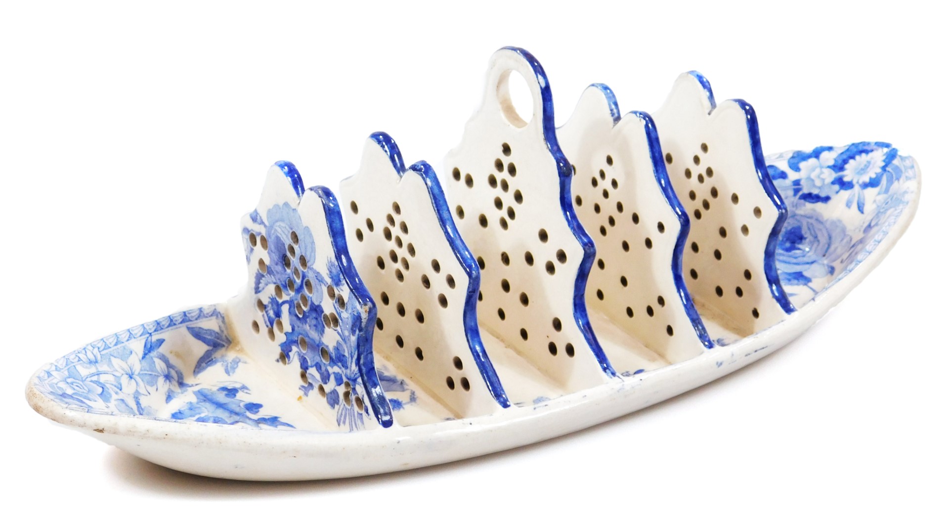 A 19thC Spode pottery blue and white toast rack, of boat shape with pierced supports, printed in