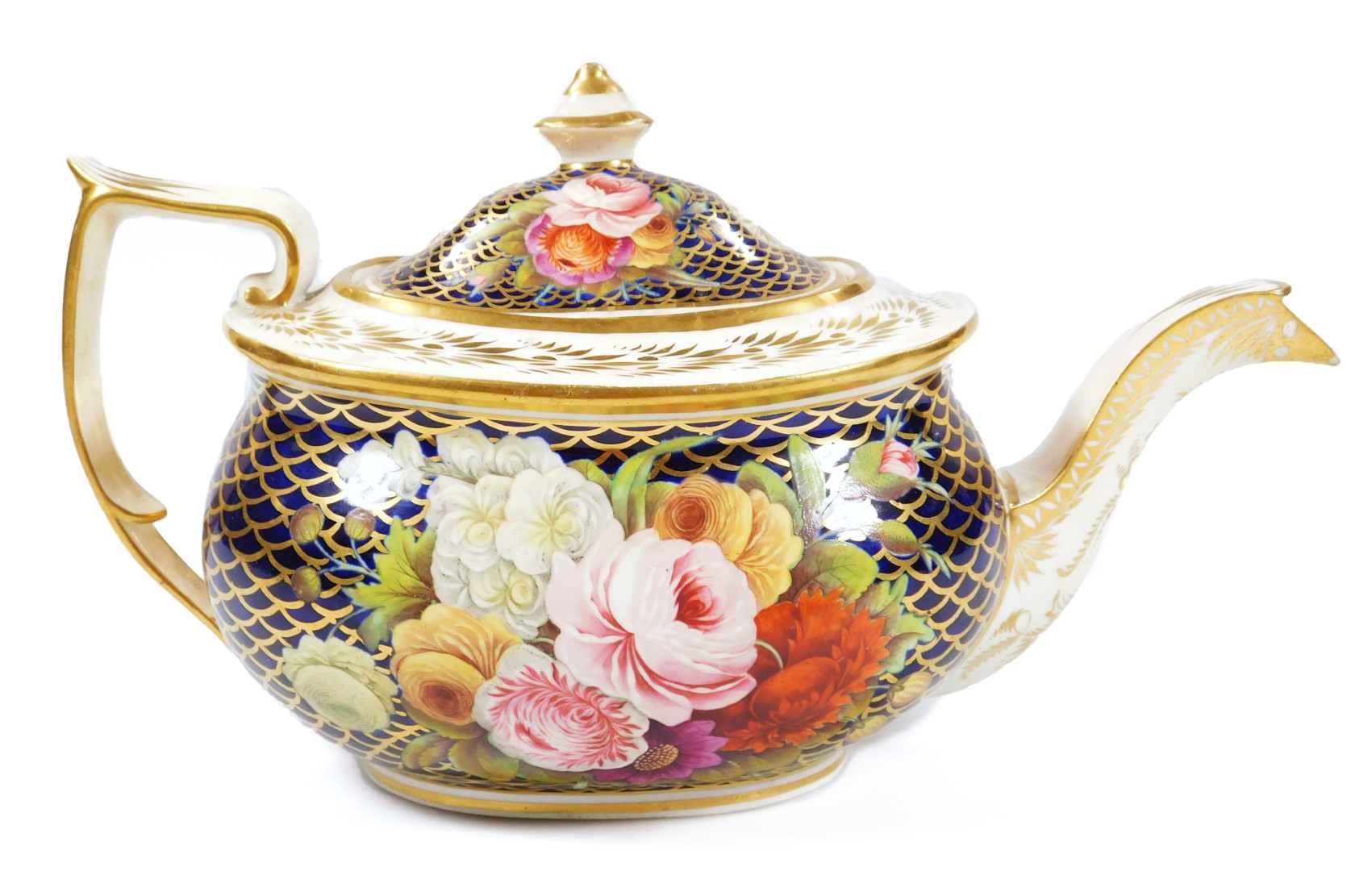 An early 19thC Spode teapot and cover, decorated with large flower sprays on a blue scale ground,