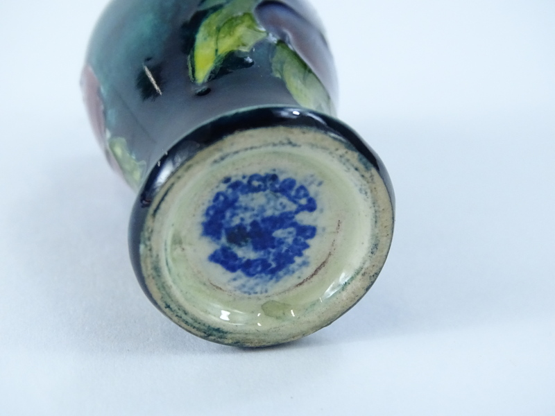 A Moorcroft miniature pottery vase, decorated with two pansies on a turquoise ground, impressed mark - Image 3 of 3