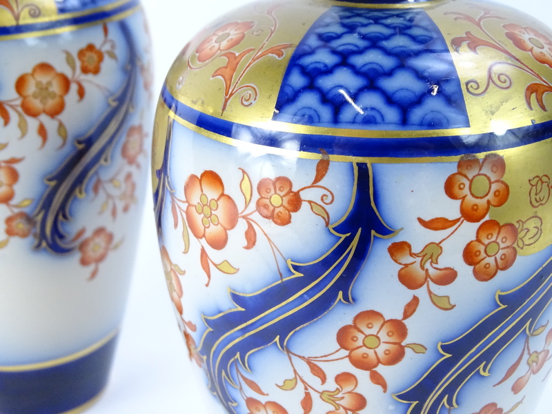 A pair of MacIntyre Aurelian ware Imari coloured vases, each decorated in Art Nouveau style with - Image 2 of 3