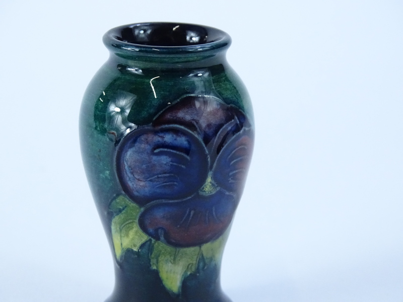 A Moorcroft miniature pottery vase, decorated with two pansies on a turquoise ground, impressed mark - Image 2 of 3