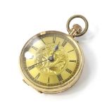 A 9ct gold fob watch, with central floral scroll design and Roman Numerals, bezel wind with Juivre